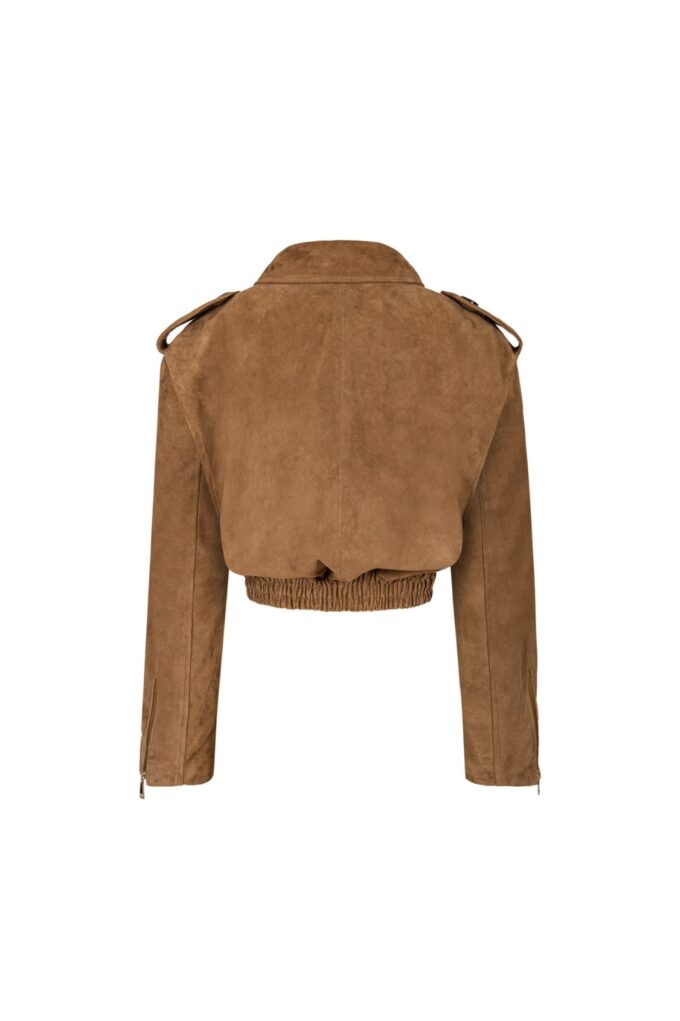Joie Cropped Bomber Jacket in Mocha Mousse Suede