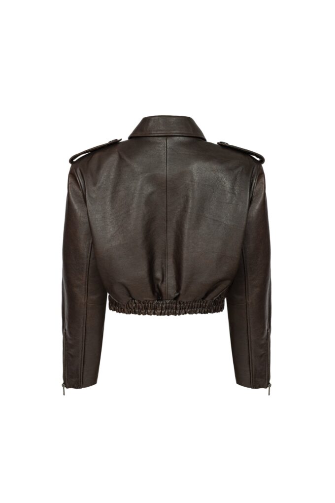 Joie Cropped Bomber Jacket in Brown Leather