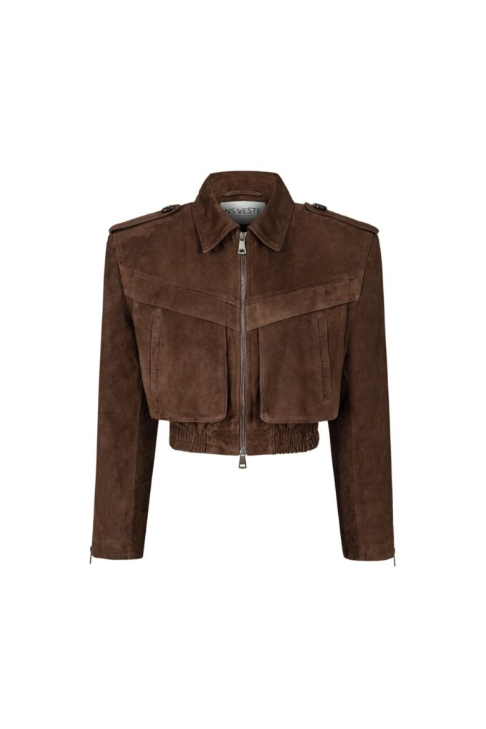 Joie Cropped Bomber Jacket in Chocolate Brown Suede