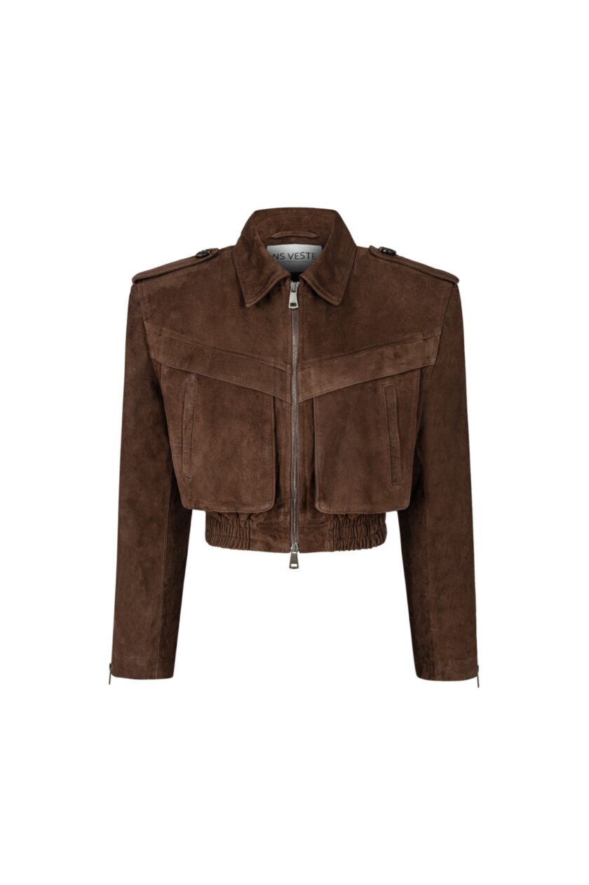 Joie Cropped Bomber Jacket in Chocolate Brown Suede