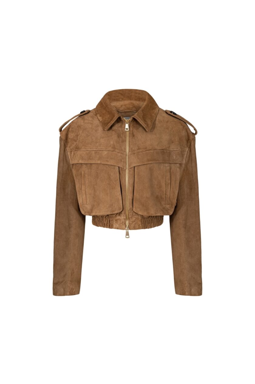 Joie Cropped Bomber Jacket in Mocha Mousse Suede