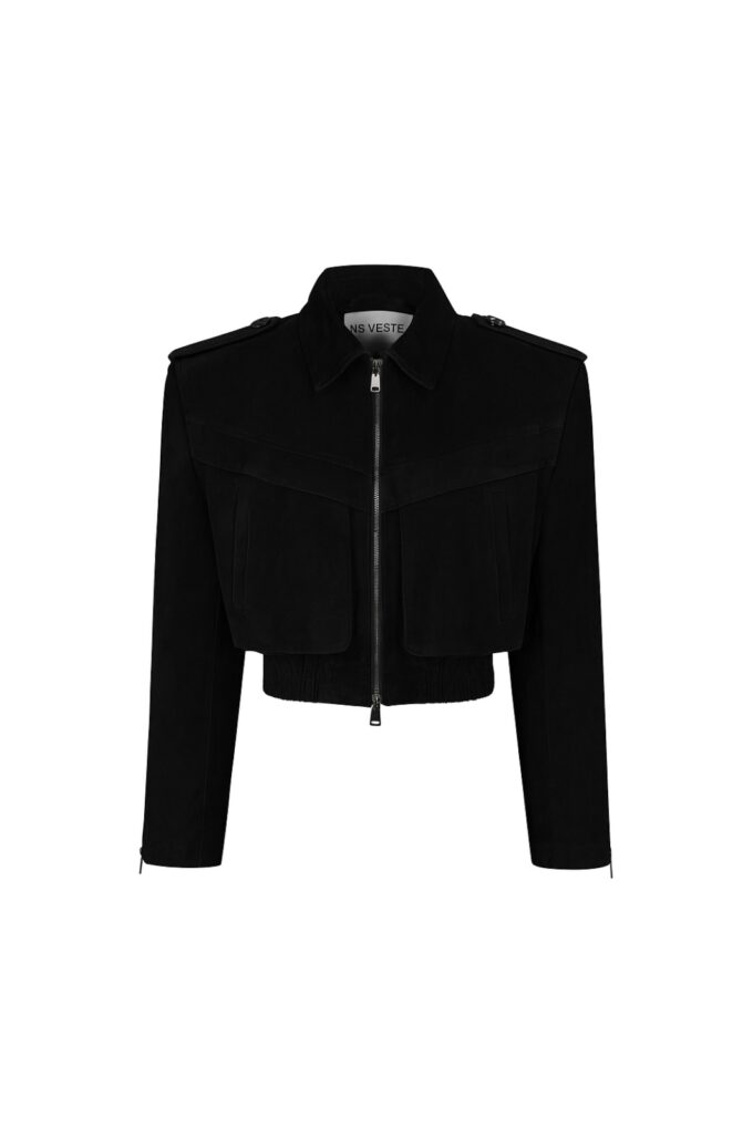 Joie Cropped Bomber Jacket in Black Suede