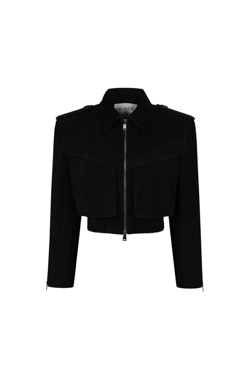 Joie Cropped Bomber Jacket in Black Suede