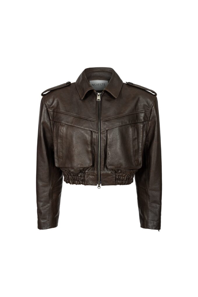 Joie Cropped Bomber Jacket in Brown Leather
