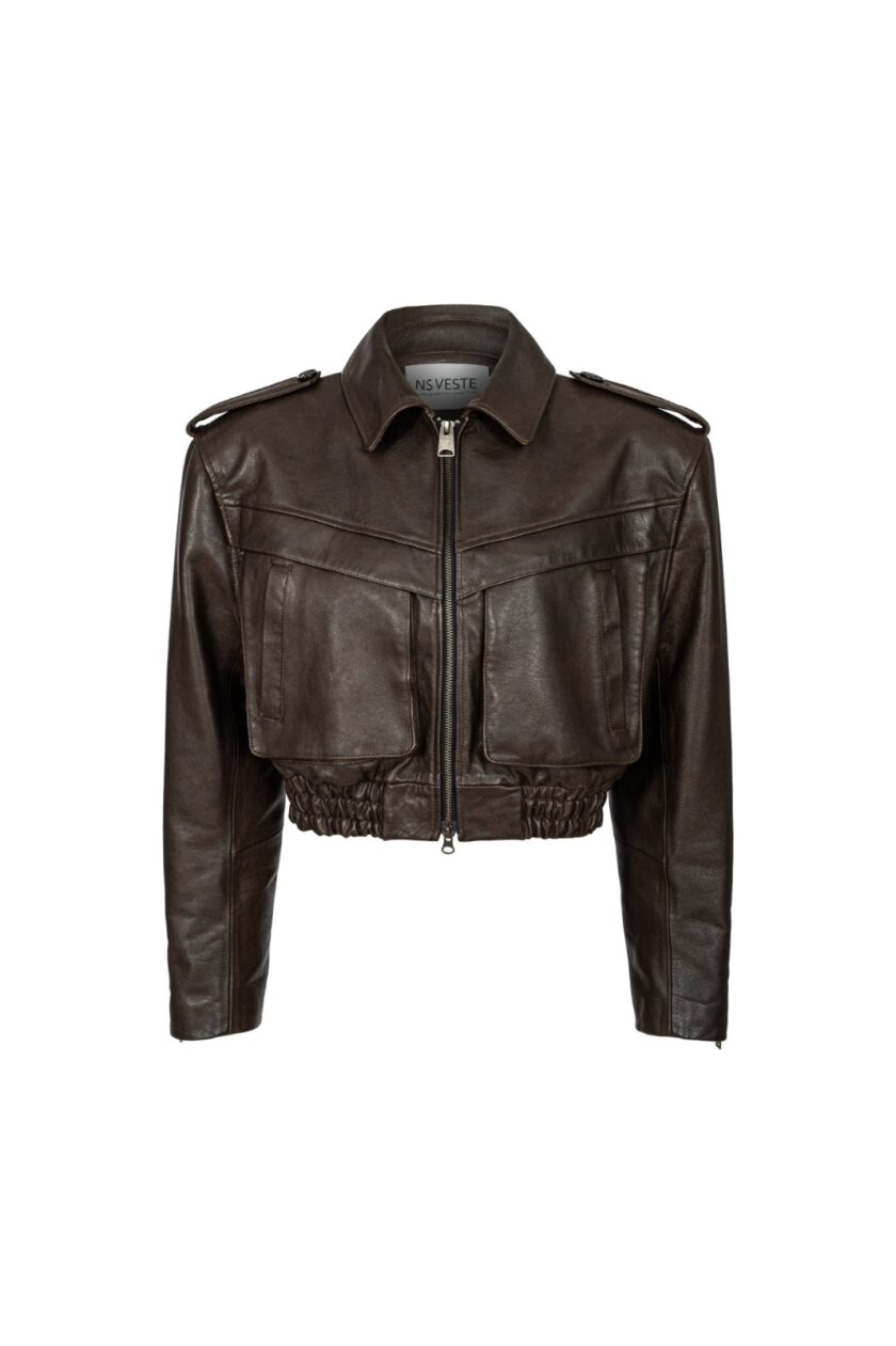 Joie Cropped Bomber Jacket in Brown Leather
