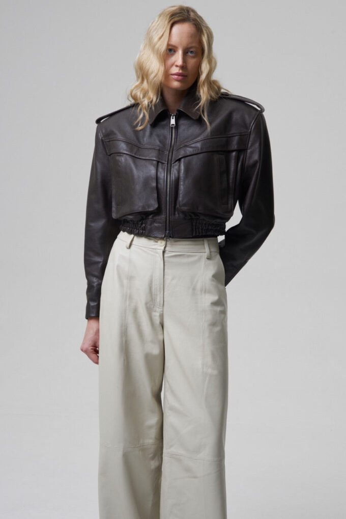 Joie Cropped Bomber Jacket in Brown Leather