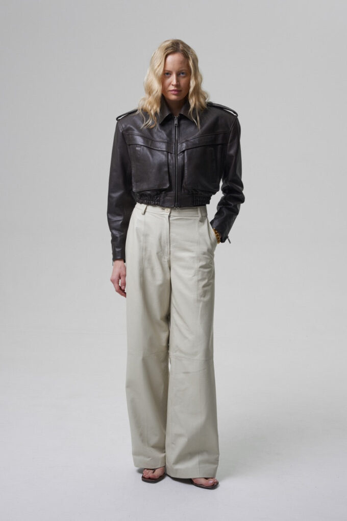 Joie Cropped Bomber Jacket in Brown Leather