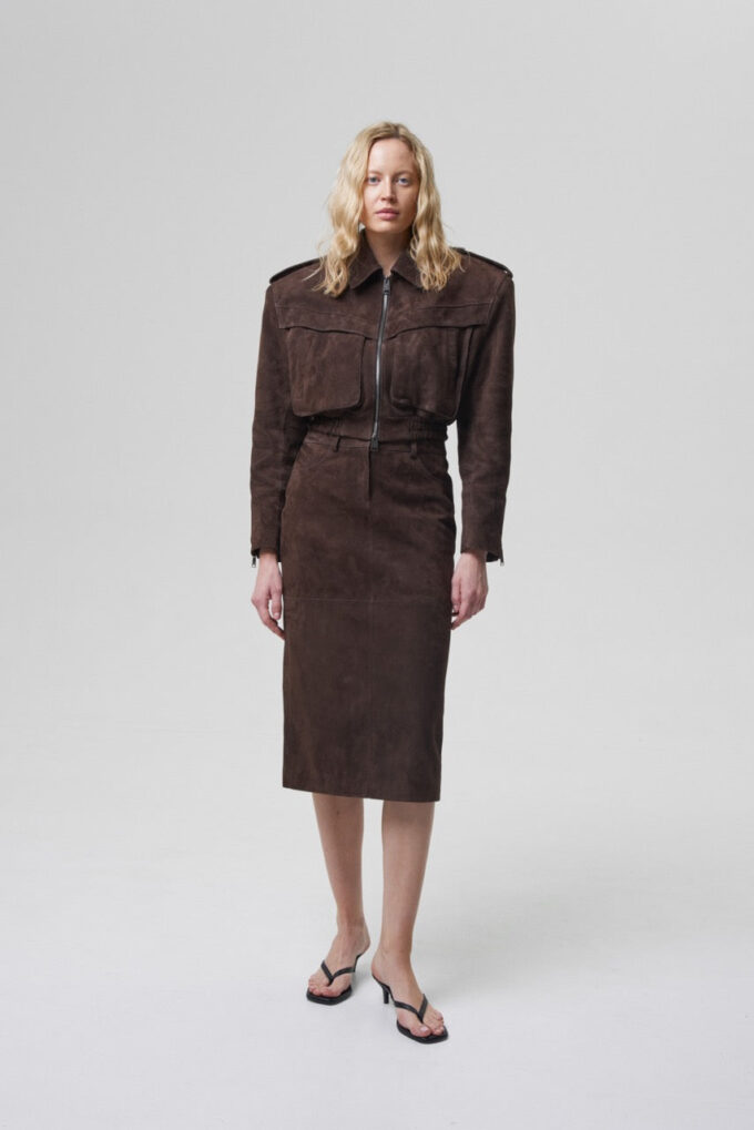 Joie Cropped Bomber Jacket in Chocolate Brown Suede